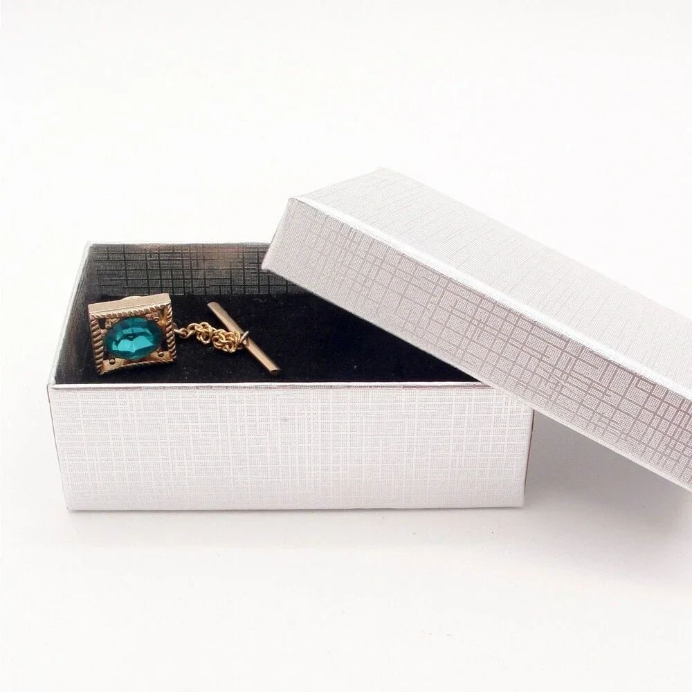 Vintage Swank Blue Aquamarine Crystal Gold Tone Square Rope Border Men Tie Tack